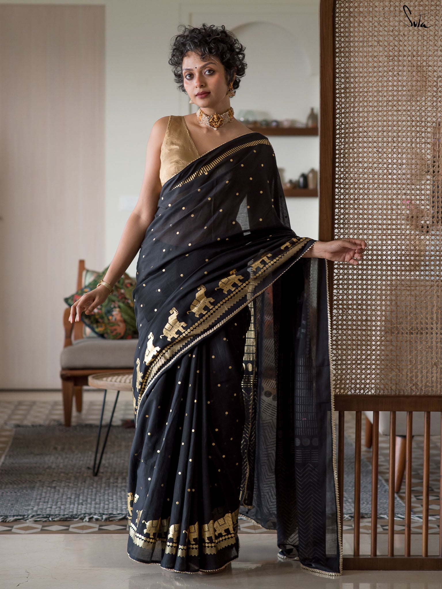 Women's Black Casual Cotton Viscose Saree