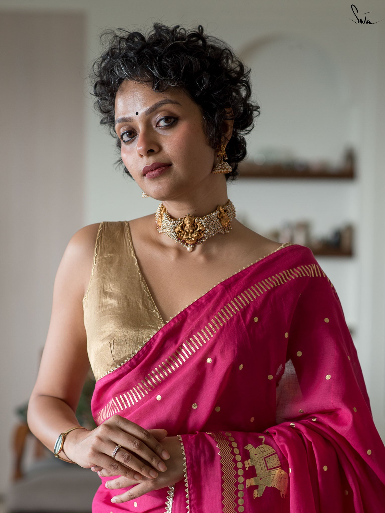 Women's Pink Casual Cotton Viscose Saree