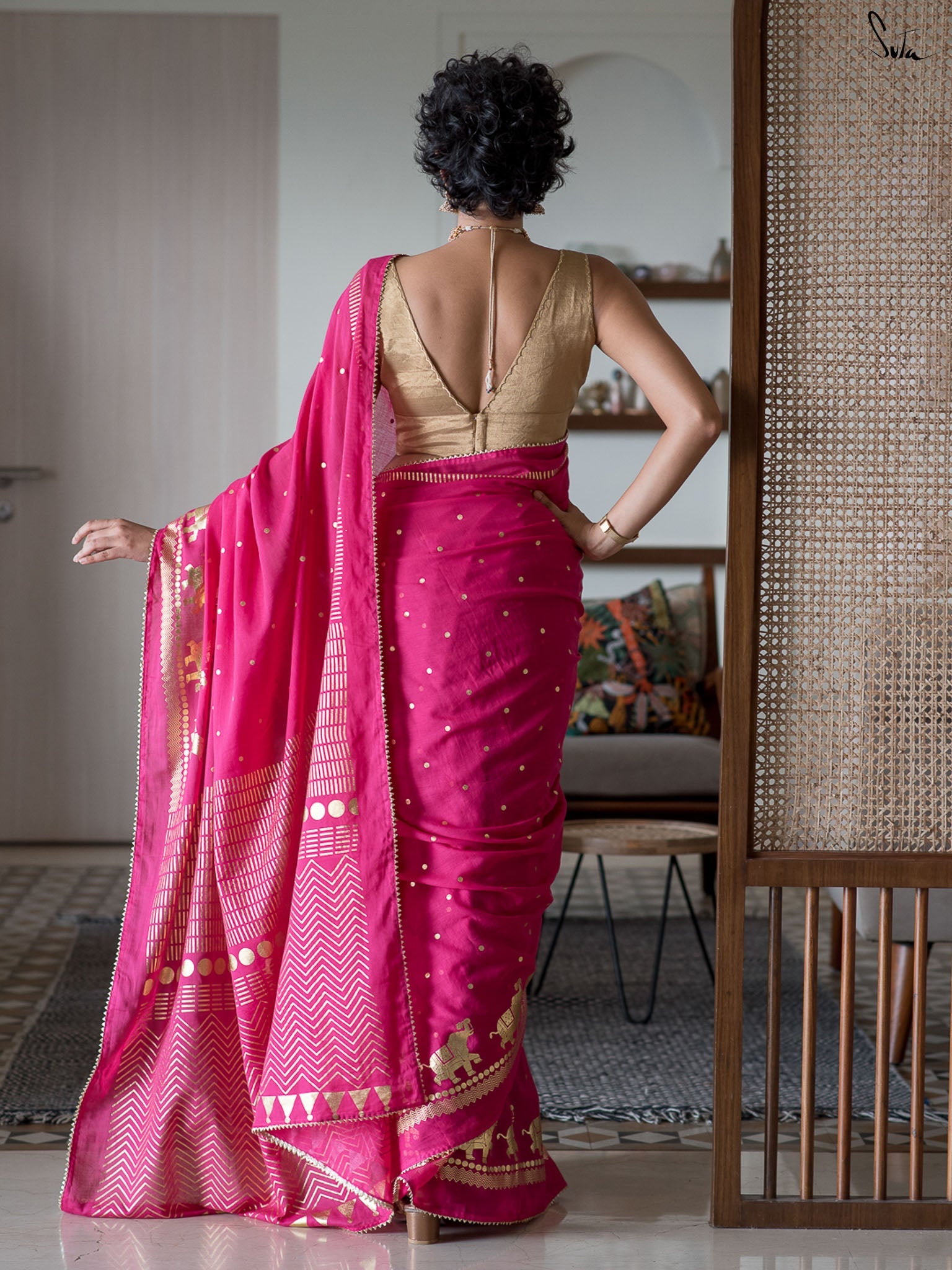 Women's Pink Casual Cotton Viscose Saree