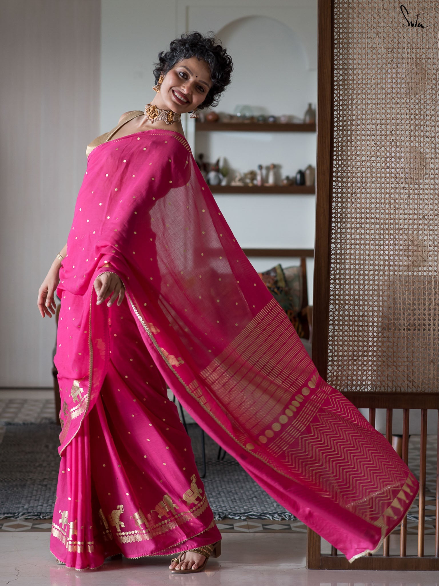 Women's Pink Casual Cotton Viscose Saree