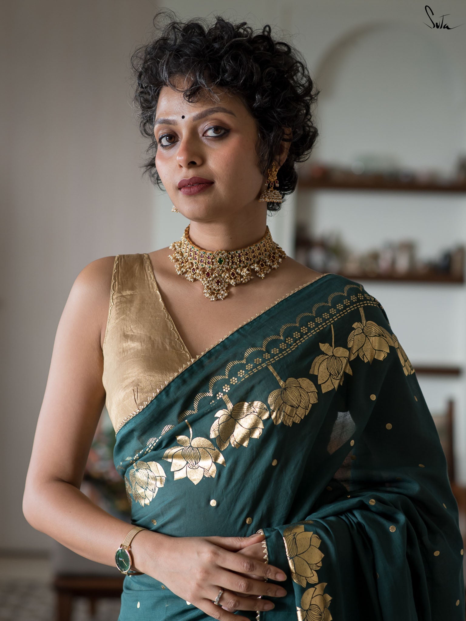 Women's Dark Green Casual Cotton Viscose Saree