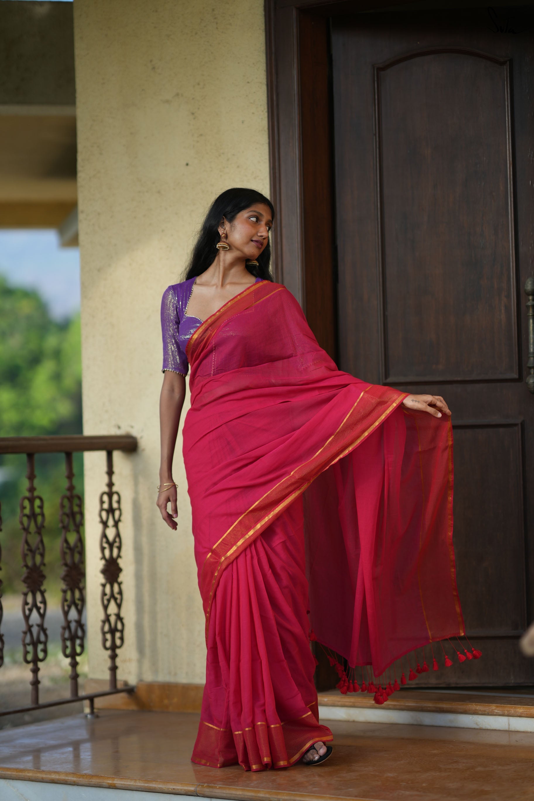 Women's Pink Casual Mul Cotton with Zari Saree