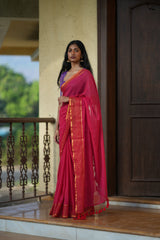 Women's Pink Casual Mul Cotton with Zari Saree