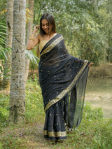 Women's Black Cotton Mul Saree