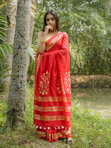 Women's Red Cotton Mul Saree