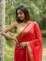 Women's Red Cotton Mul Saree