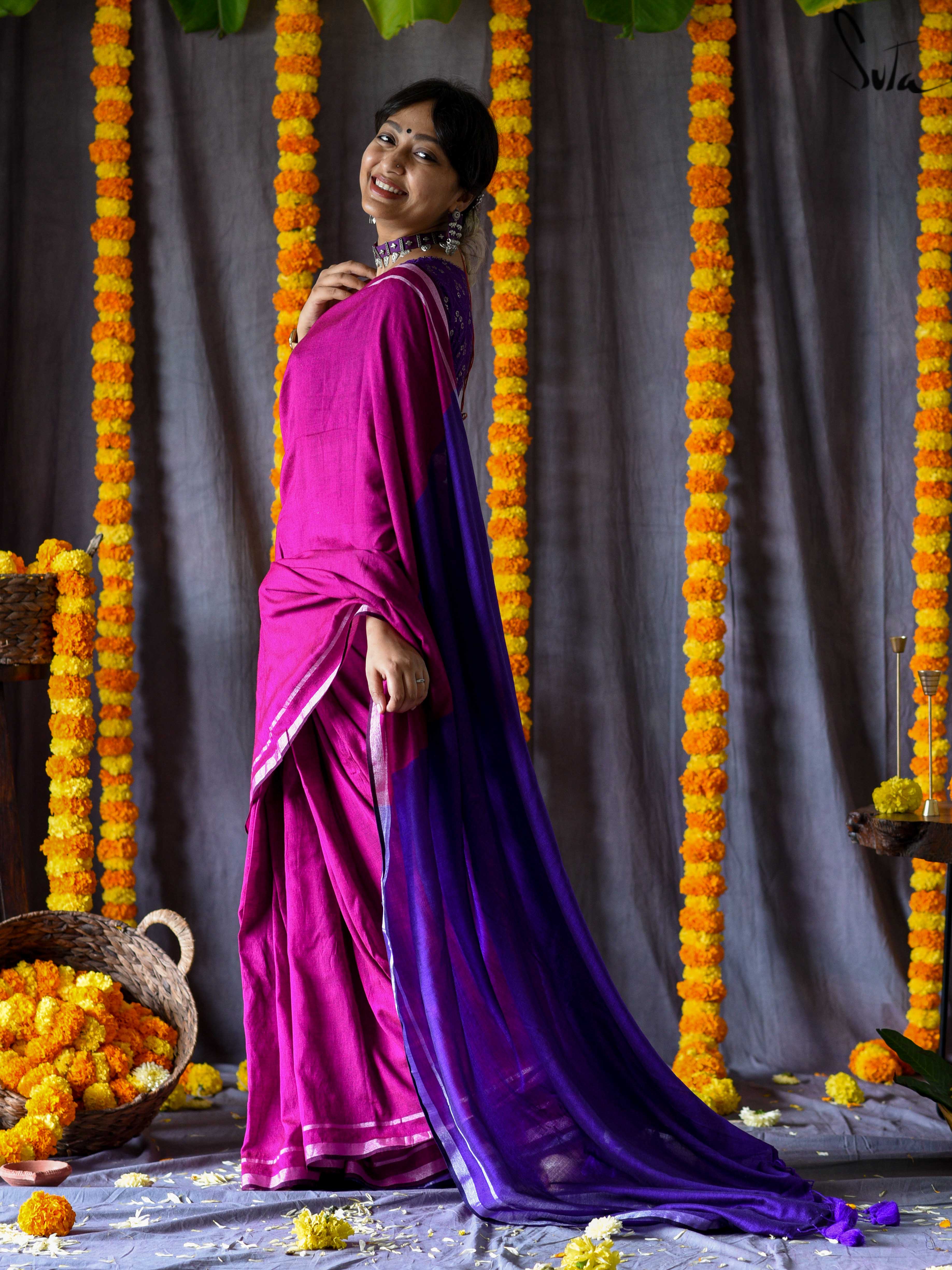 Women's Pink Cotton Acrylic Saree
