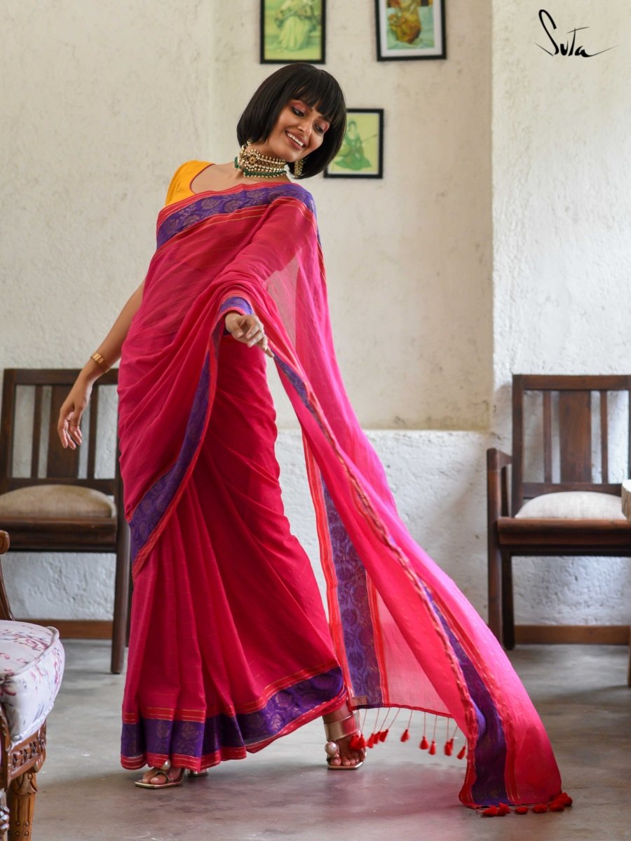 Women's Pink Mul Cotton with Zari Saree