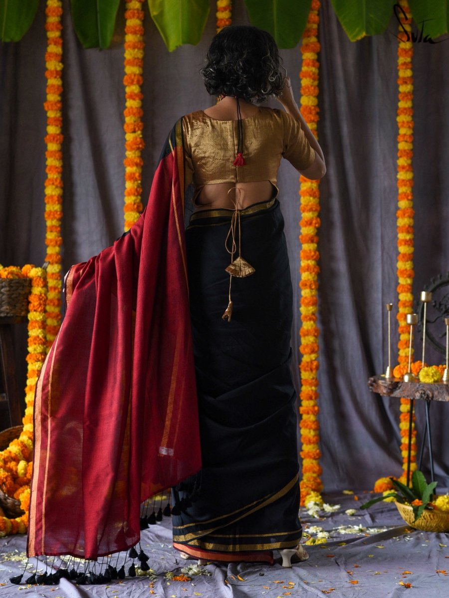 Women's Black Cotton Acrylic Saree