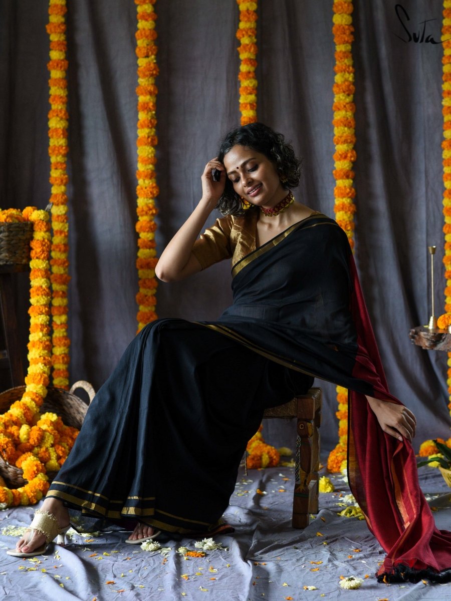 Women's Black Cotton Acrylic Saree