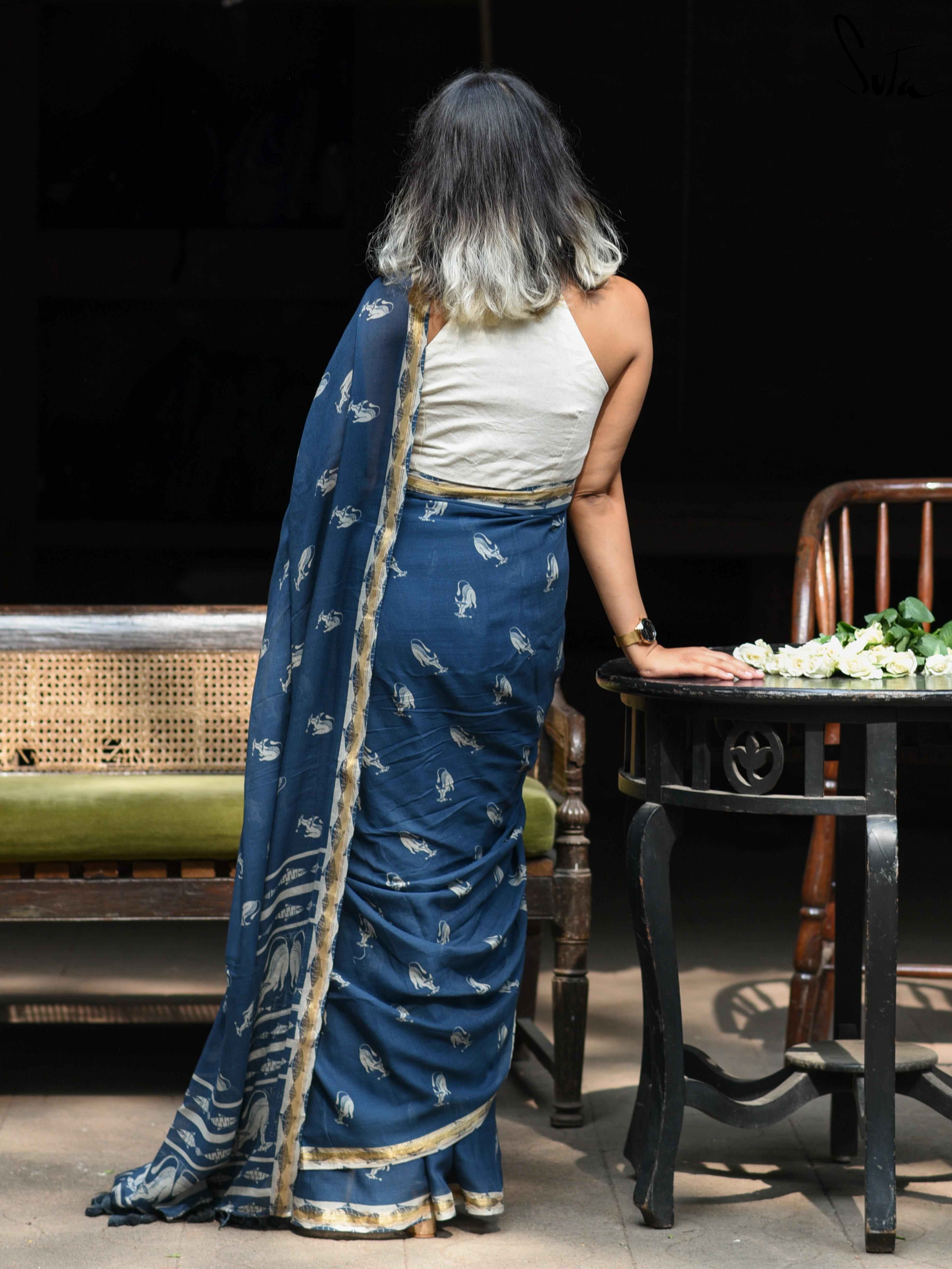 Women's Blue Cotton Viscose Saree