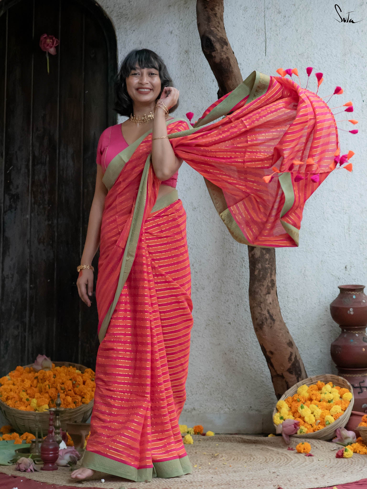 Women's Orange Casual Cotton Saree