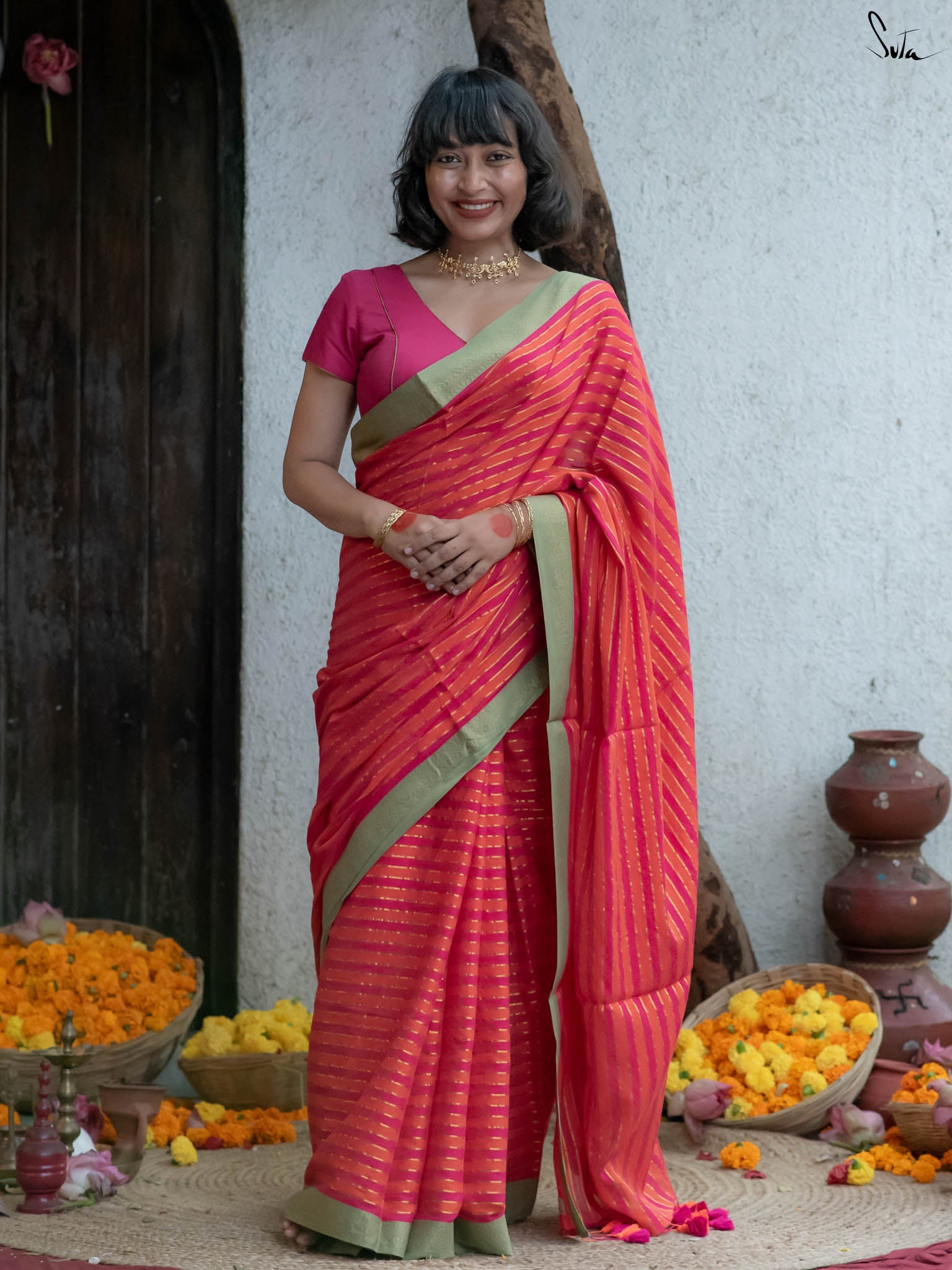 Women's Orange Casual Cotton Saree