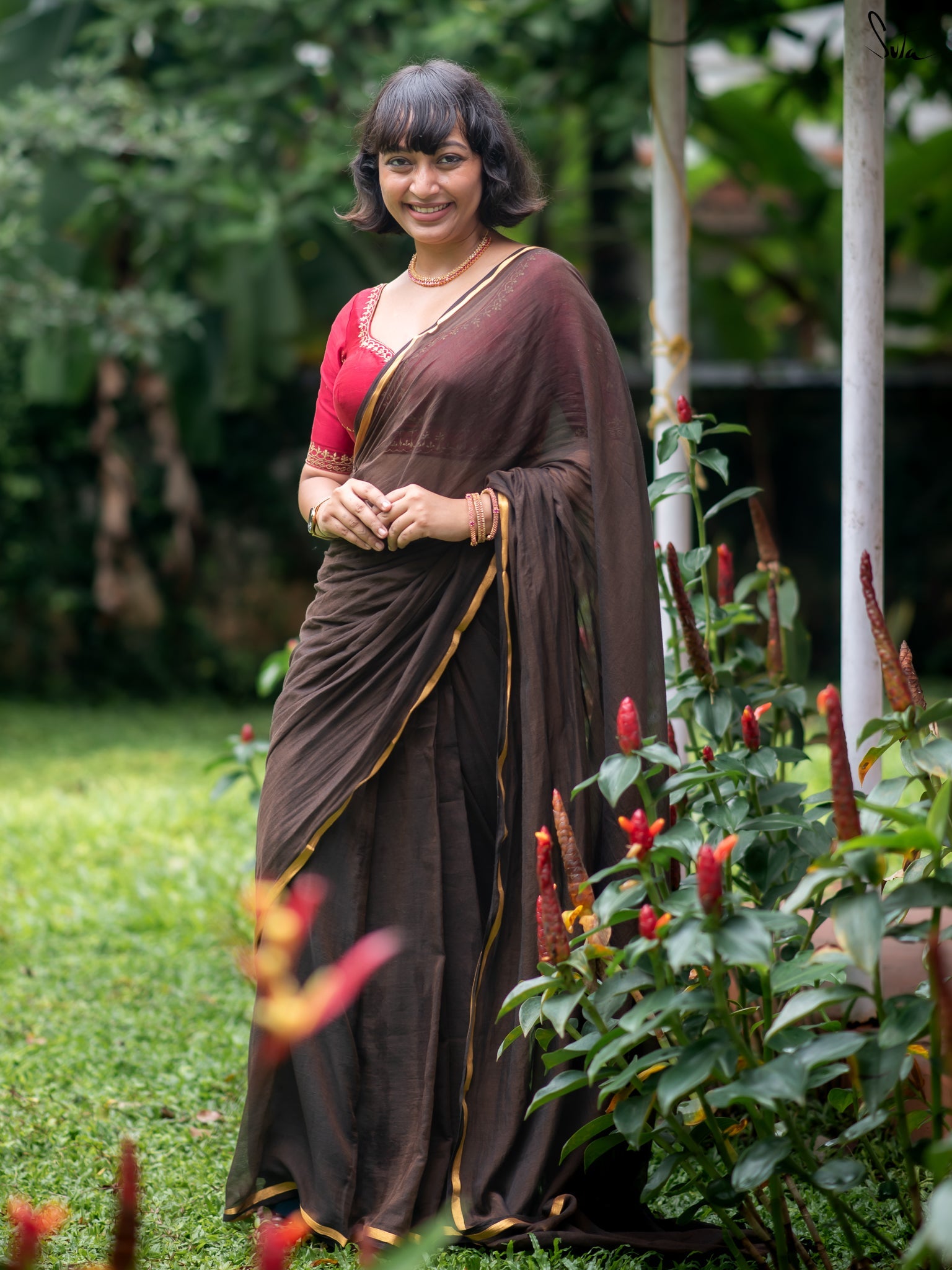 Women's Brown Casual Mul Saree