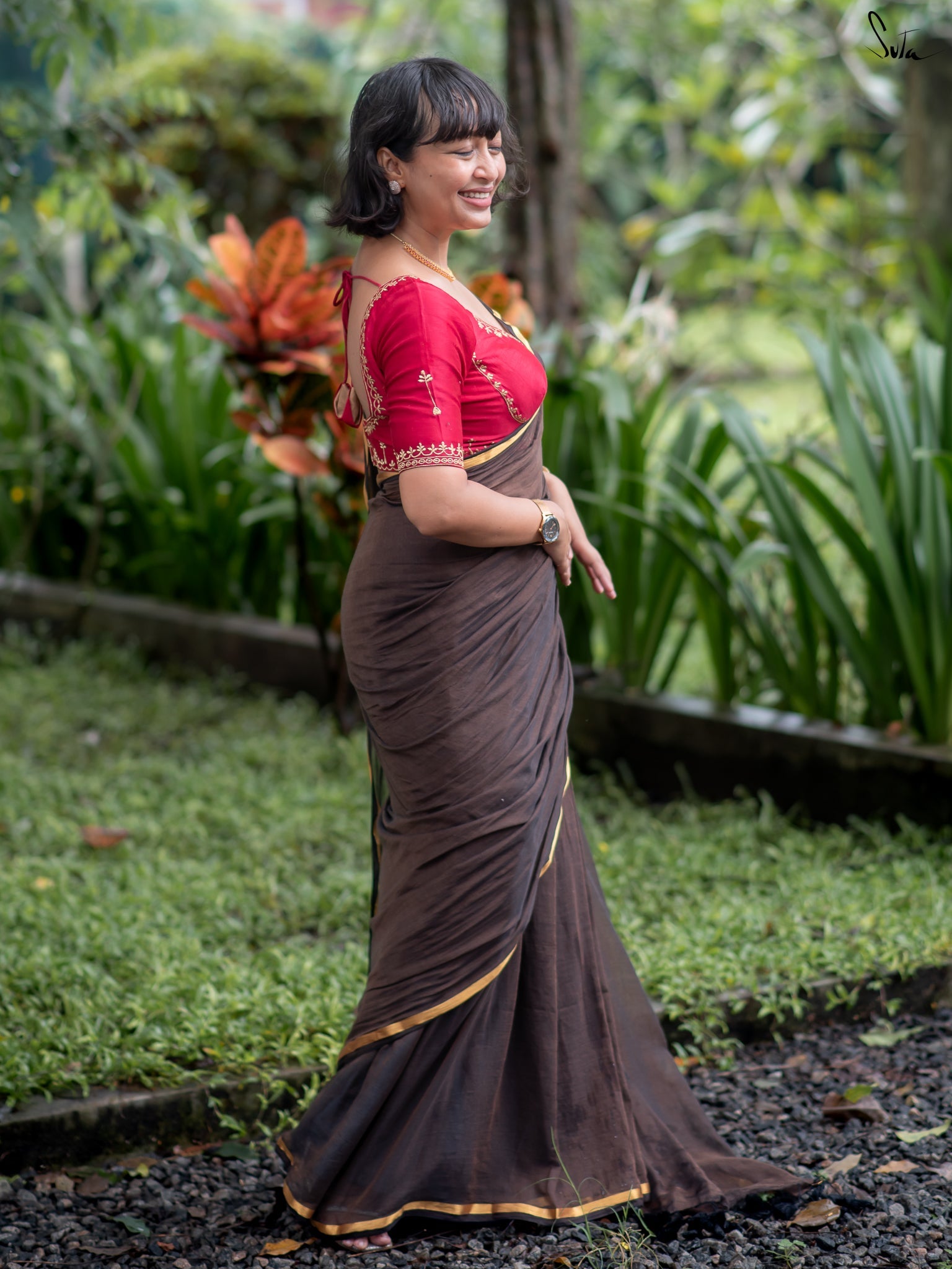 Women's Brown Casual Mul Saree