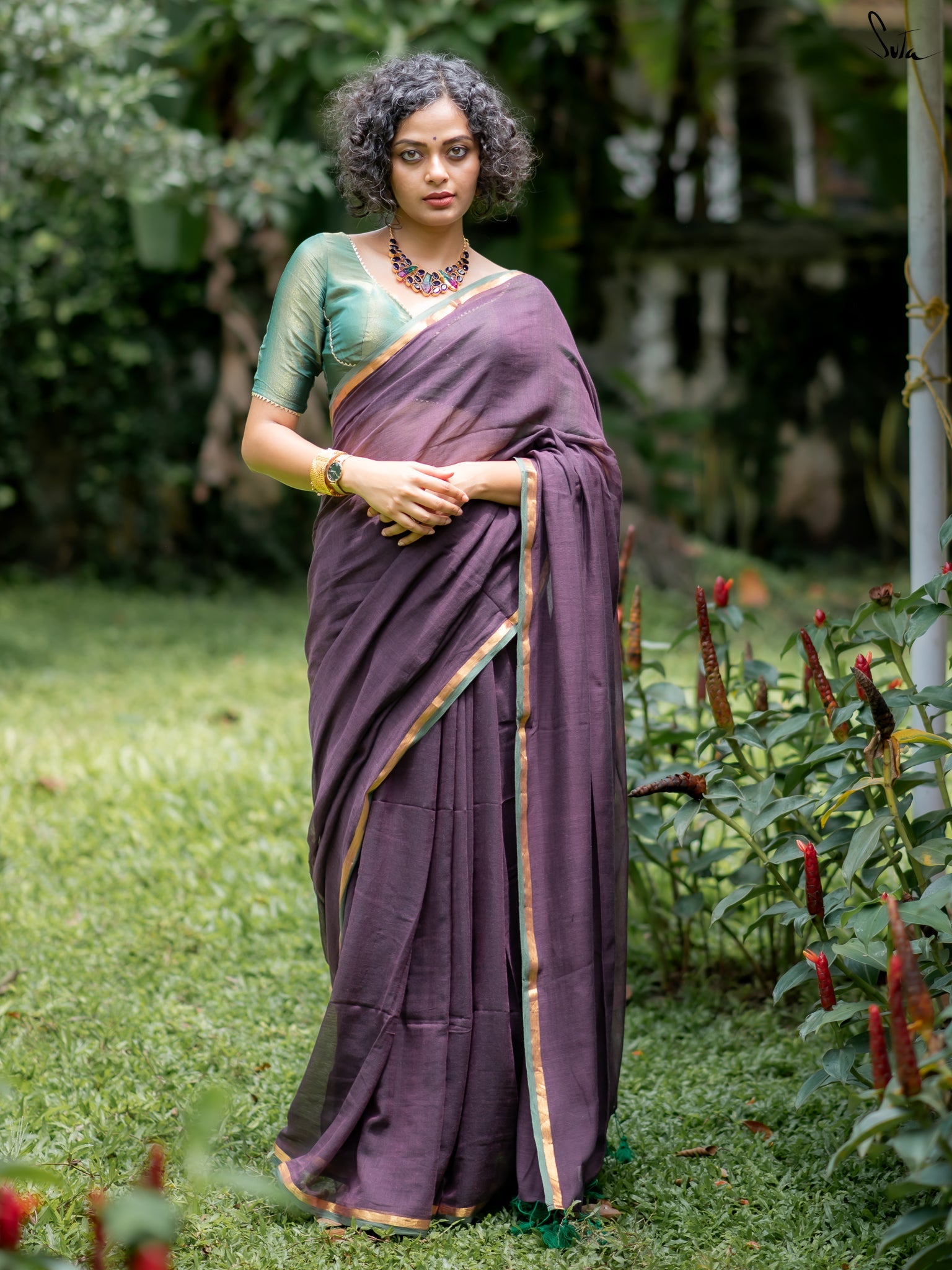 Women's Purple Casual Mul Saree