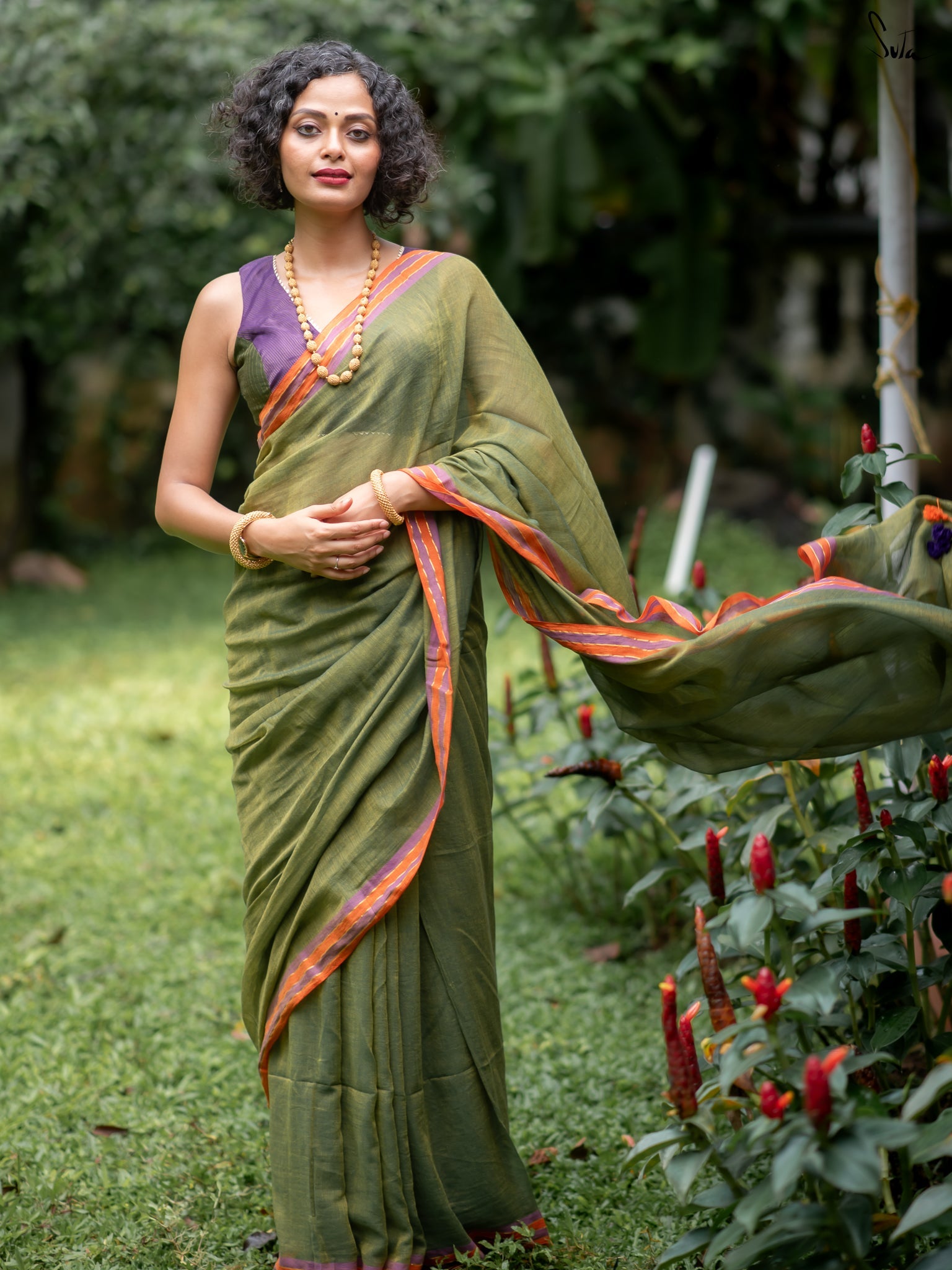Women's Olive Casual Green Mul Saree