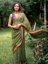 Women's Olive Casual Green Mul Saree