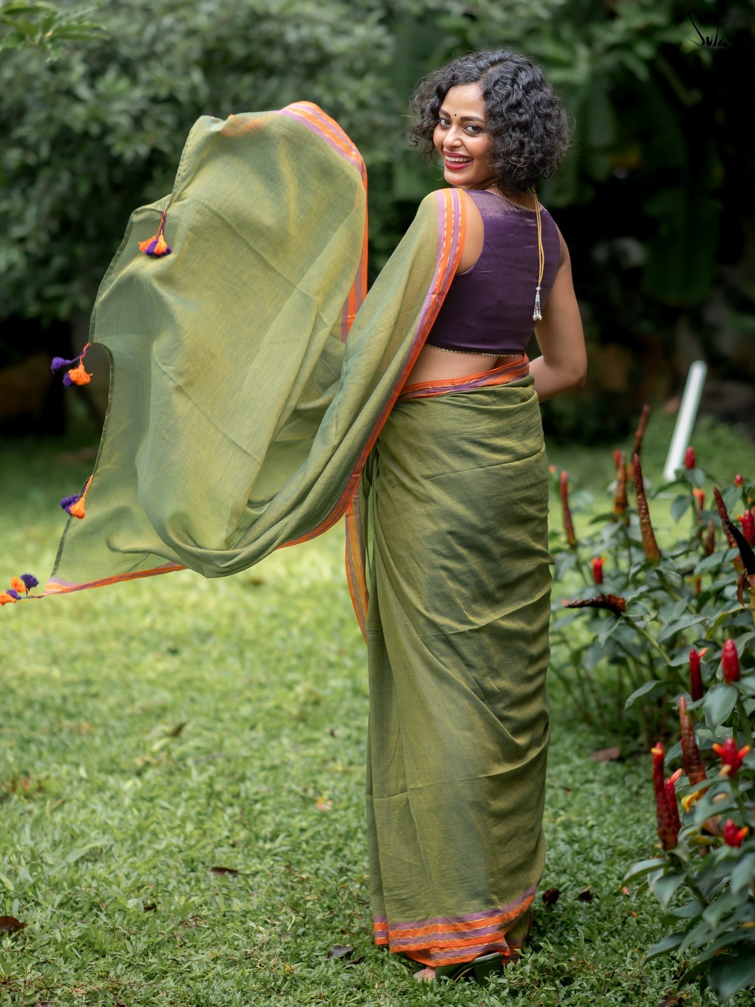 Women's Olive Casual Green Mul Saree