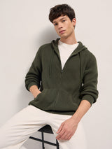 Men's Olive Knitted Relaxed Fit Hoodie with Zipper Closure