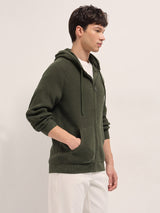 Men's Olive Knitted Relaxed Fit Hoodie with Zipper Closure