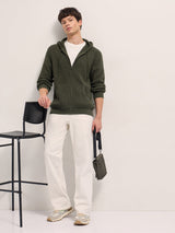Men's Olive Knitted Relaxed Fit Hoodie with Zipper Closure