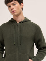 Men's Olive Knitted Relaxed Fit Hoodie with Zipper Closure