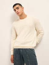 Men's Cream Textured Knit Relaxed Fit Full Sleeve Sweater