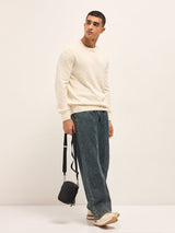 Men's Cream Textured Knit Relaxed Fit Full Sleeve Sweater