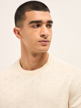 Men's Cream Textured Knit Relaxed Fit Full Sleeve Sweater