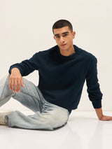 Men's Navy Blue Textured Knit Relaxed Fit Full Sleeve Sweater