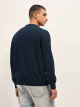 Men's Navy Blue Textured Knit Relaxed Fit Full Sleeve Sweater