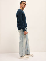 Men's Navy Blue Textured Knit Relaxed Fit Full Sleeve Sweater