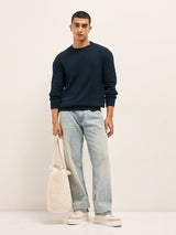 Men's Navy Blue Textured Knit Relaxed Fit Full Sleeve Sweater