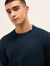 Men's Navy Blue Textured Knit Relaxed Fit Full Sleeve Sweater