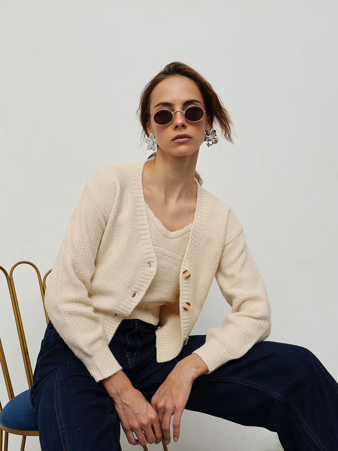 Women's Beige Crop Cardigan