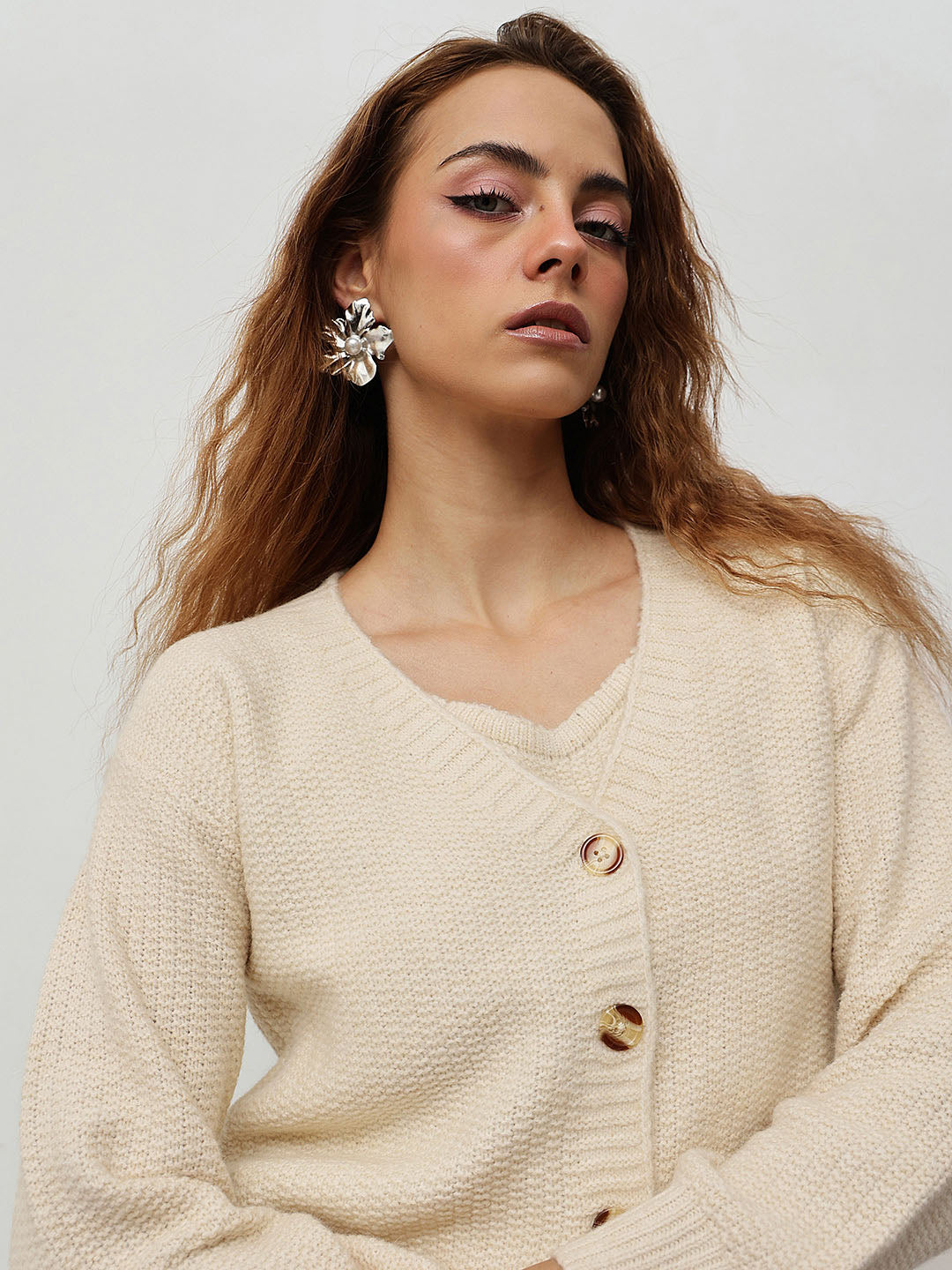 Women's Beige Crop Cardigan