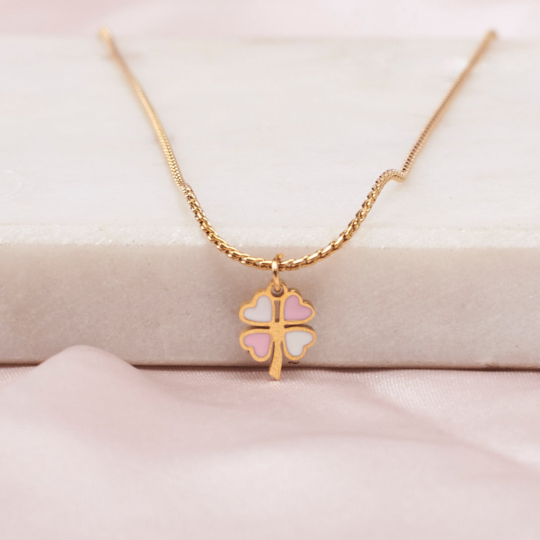 Women's Pink and White Clover Gold Necklace