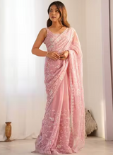 Women's Georgette Pink Embellished Designer Saree with Blouse Piece