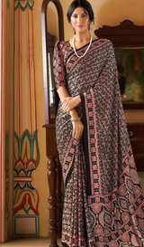 Women's Crepe Black Printed Designer Saree with Blouse Piece