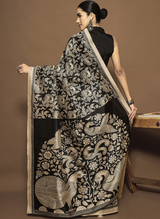 Women's Bhagalpuri Silk Black Printed Designer Saree with Blouse Piece