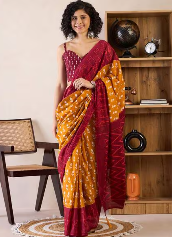 Women's Cotton Yellow Printed Ready to Wear with Blouse Piece