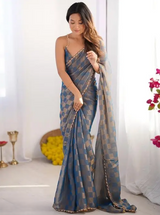 Women's Chiffon Blue Embellished Designer Saree with Blouse Piece