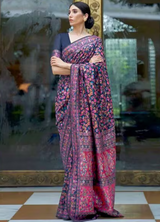 Women's Silk Blend Navy Woven Design Celebrity Saree with Blouse Piece