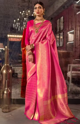 Women's Kanjeevaram Silk Pink Woven Design Woven saree with Blouse Piece