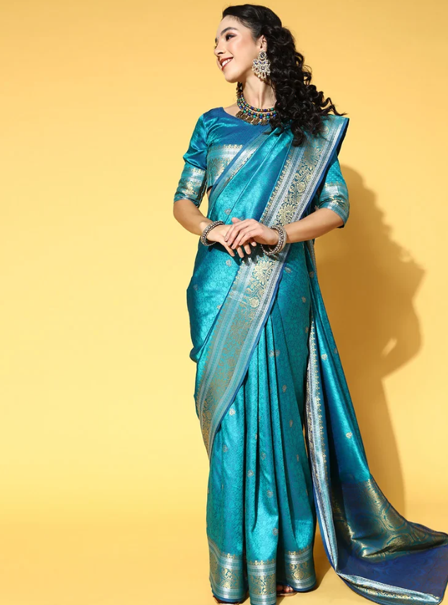 Women's Silk Blend Blue Woven Design Handloom Saree with Blouse Piece