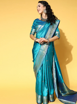 Women's Silk Blend Blue Woven Design Handloom Saree with Blouse Piece