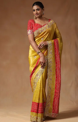 Women's Tissue Yellow Embellished Designer Saree with Blouse Piece
