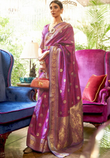 Women's Silk Blend Pink Woven Design Handloom Saree with Blouse Piece