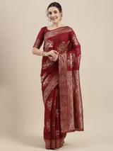 Women's Linen Red Woven Design Woven saree with Blouse Piece